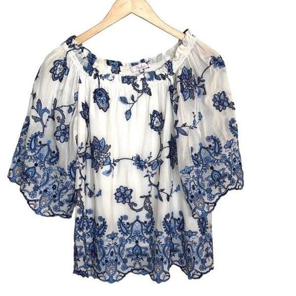 Parker Jillian EMBROIDERED Off the shoulder Scalloped Rayon Top Size Small - Picture 4 of 9